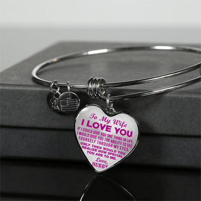 TO MY WIFE - I LOVE YOU - (HOT PINK ON TRANSPARENT) - SILVER FINISHED BANGLE BRACELET - podprintz.com