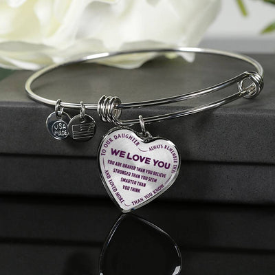 TO OUR DAUGHTER, ALWAYS REMEMBER THAT, WE LOVE YOU - (PURPLE ON TRANSPARENT) SILVER OR GOLD FINISHED HEART NECKLACE AND BANGLE BRACELET NEW EO