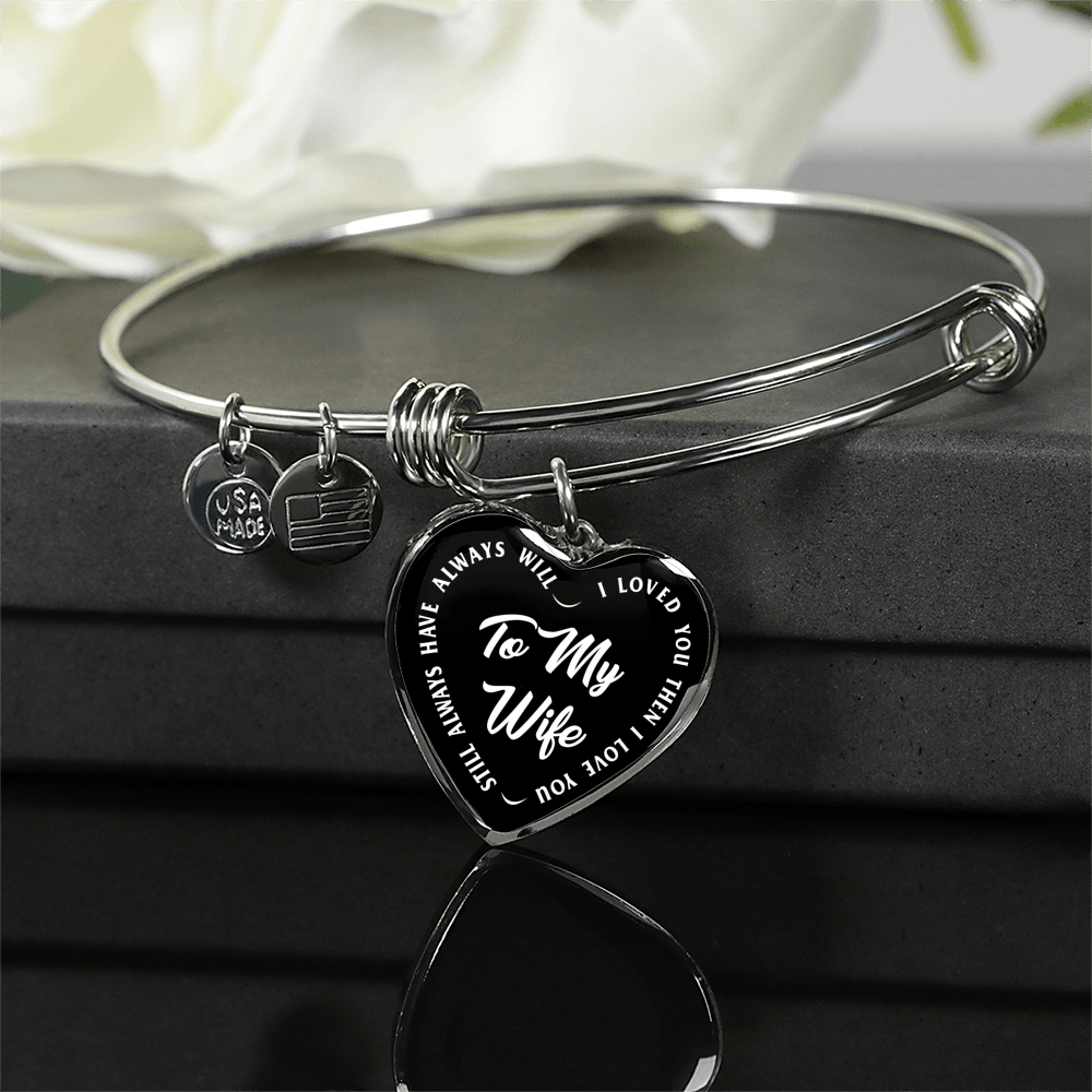 TO MY WIFE (WHITE TEXT ON BLACK) SILVER OR GOLD FINISHED HEART SHAPED BANGLE BRACELET - podprintz.com