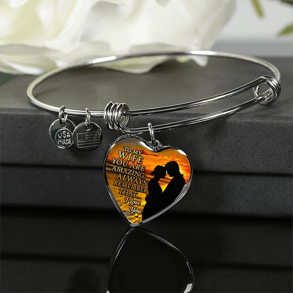 To My Wife, You Are Amazing (Sunset Beach) - Silver Finished Heart Bangle Bracelet - podprintz.com