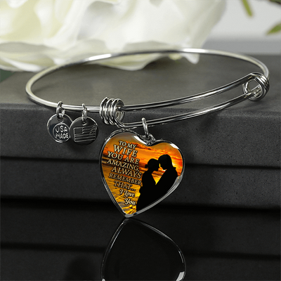 To My Wife, You Are Amazing (Sunset Beach) - Silver Finished Heart Bangle Bracelet - podprintz.com