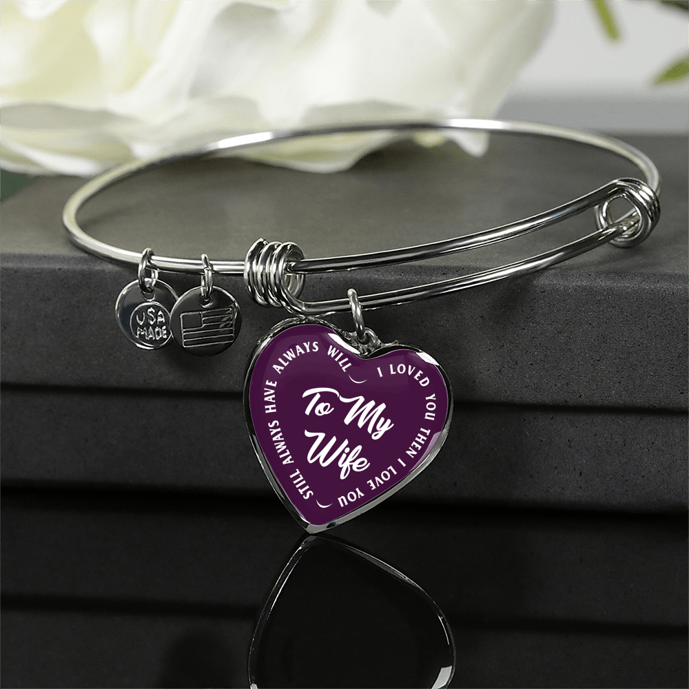 TO MY WIFE (WHITE TEXT ON PURPLE) SILVER OR GOLD FINISHED HEART SHAPED BANGLE BRACELET - podprintz.com