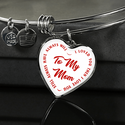 To My Mom Gold or Silver Finished Heart Shaped Bangle Bracelet (Red text on White) - podprintz.com