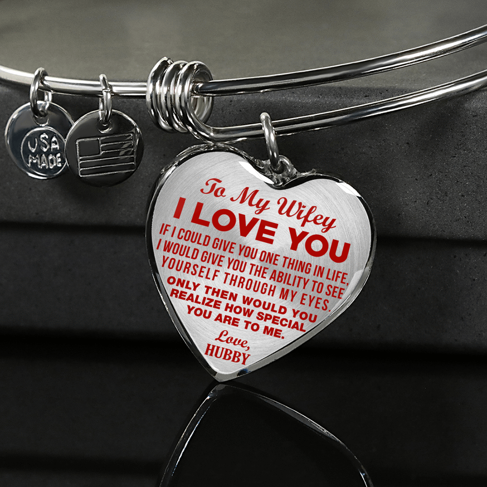 TO MY WIFEY - I LOVE YOU - (RED ON TRANSPARENT) - SILVER FINISHED BANGLE BRACELET - podprintz.com