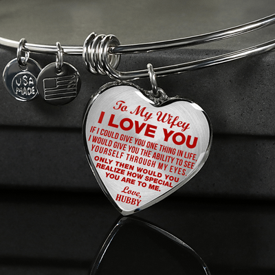 TO MY WIFEY - I LOVE YOU - (RED ON TRANSPARENT) - SILVER FINISHED BANGLE BRACELET - podprintz.com
