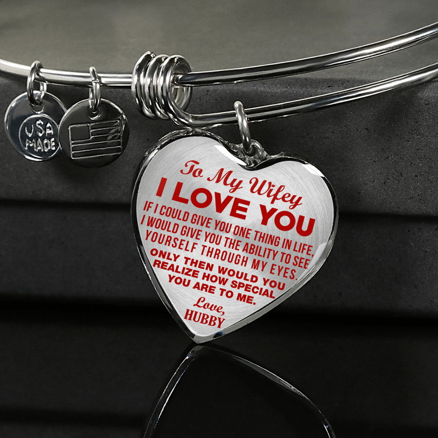 TO MY WIFEY - I LOVE YOU - (RED ON TRANSPARENT) - SILVER FINISHED BANGLE BRACELET - podprintz.com