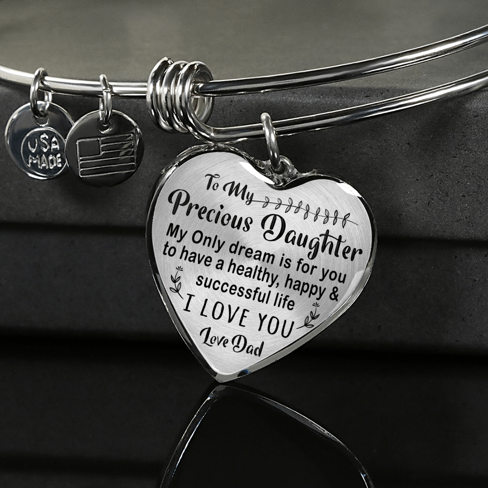 TO MY PRECIOUS DAUGHTER - (BLACK ON TRANSPARENT) SILVER FINISHED BANGLE BRACELET - podprintz.com