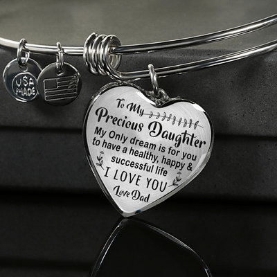 TO MY PRECIOUS DAUGHTER - (BLACK ON TRANSPARENT) SILVER FINISHED BANGLE BRACELET - podprintz.com