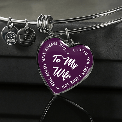 TO MY WIFE (WHITE TEXT ON PURPLE) SILVER OR GOLD FINISHED HEART SHAPED BANGLE BRACELET - podprintz.com
