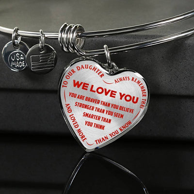 TO OUR DAUGHTER, ALWAYS REMEMBER THAT, WE LOVE YOU - (RED ON TRANSPARENT) SILVER OR GOLD FINISHED HEART NECKLACE AND BANGLE BRACELET NEW EO