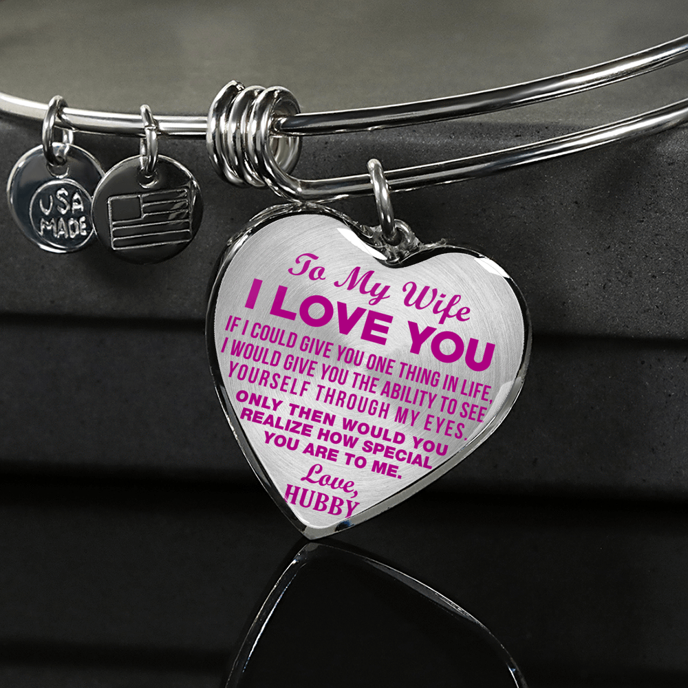 TO MY WIFE - I LOVE YOU - (HOT PINK ON TRANSPARENT) - SILVER FINISHED BANGLE BRACELET - podprintz.com