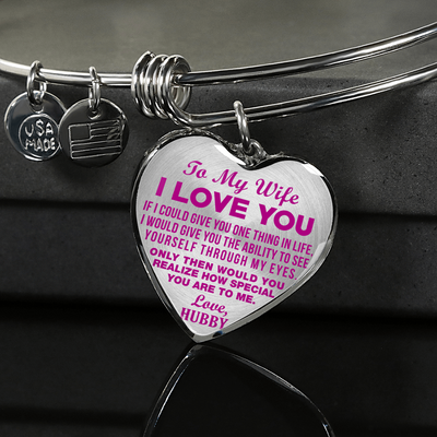 TO MY WIFE - I LOVE YOU - (HOT PINK ON TRANSPARENT) - SILVER FINISHED BANGLE BRACELET - podprintz.com