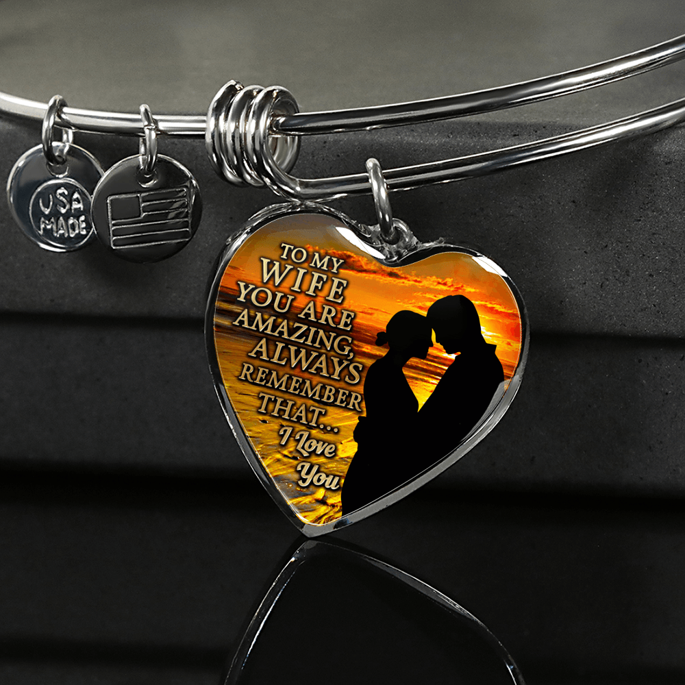 To My Wife, You Are Amazing (Sunset Beach) - Silver Finished Heart Bangle Bracelet - podprintz.com