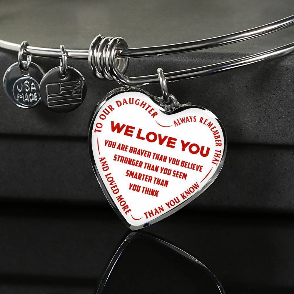 TO OUR DAUGHTER, ALWAYS REMEMBER THAT, WE LOVE YOU - (RED ON WHITE) SILVER OR GOLD FINISHED HEART NECKLACE AND BANGLE BRACELET NEW EO