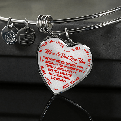 TO OUR DAUGHTER, MOM & DAD LOVE YOU, NEVER FORGET THAT - GOLD AND SILVER FINISHED HEART SHAPED NECKLACE AND BANGLE BRACELET(RED TEXT ON TRANSPARENT) EO