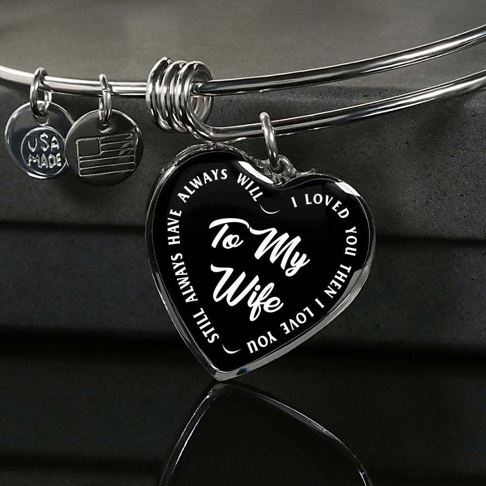 TO MY WIFE (WHITE TEXT ON BLACK) SILVER OR GOLD FINISHED HEART SHAPED NECKLACE OR BRACELET (EO) - podprintz.com