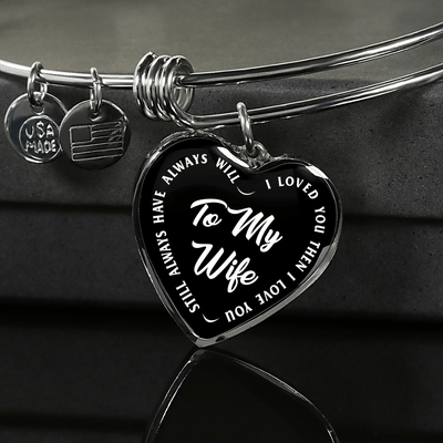 TO MY WIFE (WHITE TEXT ON BLACK) SILVER OR GOLD FINISHED HEART SHAPED NECKLACE OR BRACELET (EO) - podprintz.com