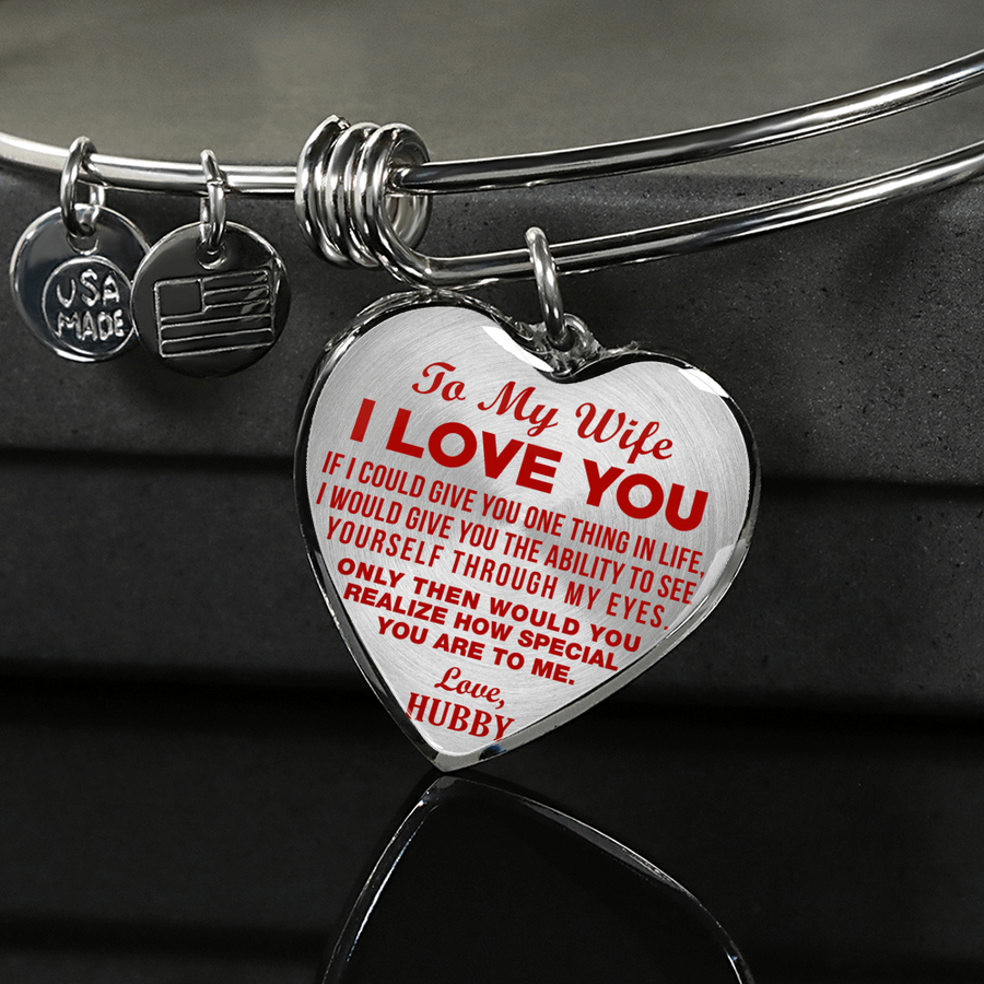 TO MY WIFE - I LOVE YOU - (RED ON TRANSPARENT) - SILVER FINISHED BANGLE BRACELET - podprintz.com