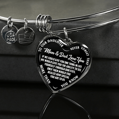 TO OUR DAUGHTER, MOM & DAD LOVE YOU, NEVER FORGET THAT - GOLD AND SILVER FINISHED HEART SHAPED NECKLACE AND BANGLE BRACELET(WHITE TEXT ON BLACK) EO
