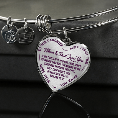 TO OUR DAUGHTER, MOM & DAD LOVE YOU, NEVER FORGET THAT - GOLD AND SILVER FINISHED HEART SHAPED NECKLACE AND BANGLE BRACELET(PURPLE TEXT ON TRANSPARENT) EO